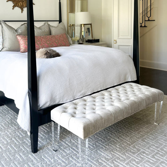 Oyster Velvet Bench with Acrylic Legs