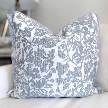 French Blue Embroidered Linen Pillow