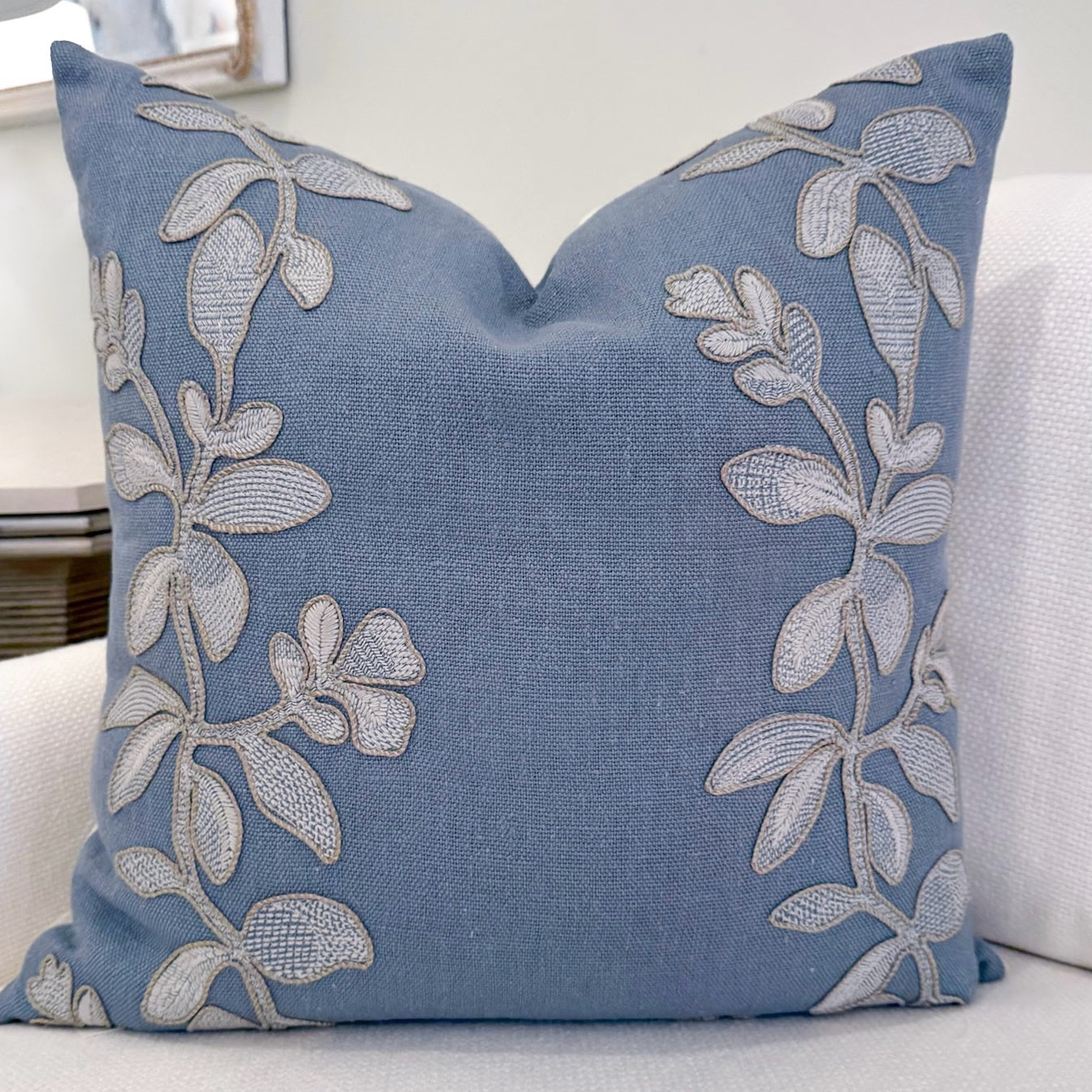 French Blue Flower Embroidery Pillow