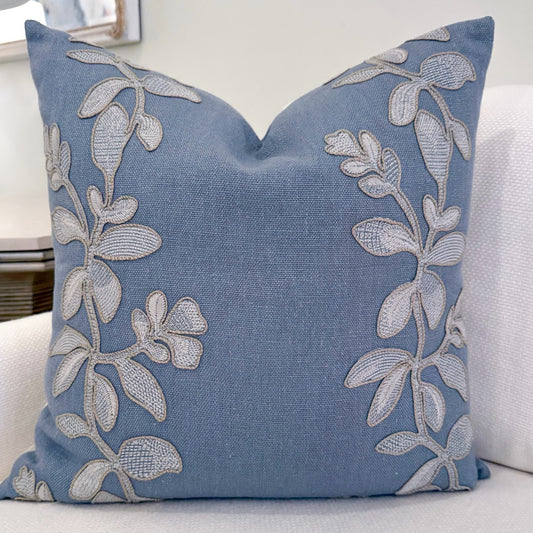 French Blue Flower Embroidery Pillow